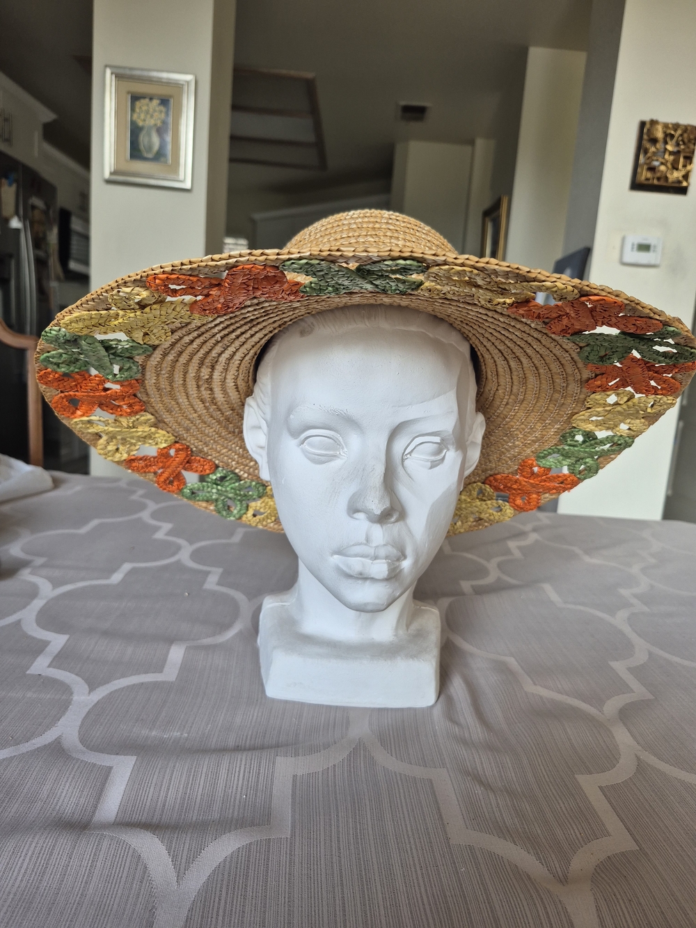 Straw Sun Hat with Orange & Green Crochet Trim